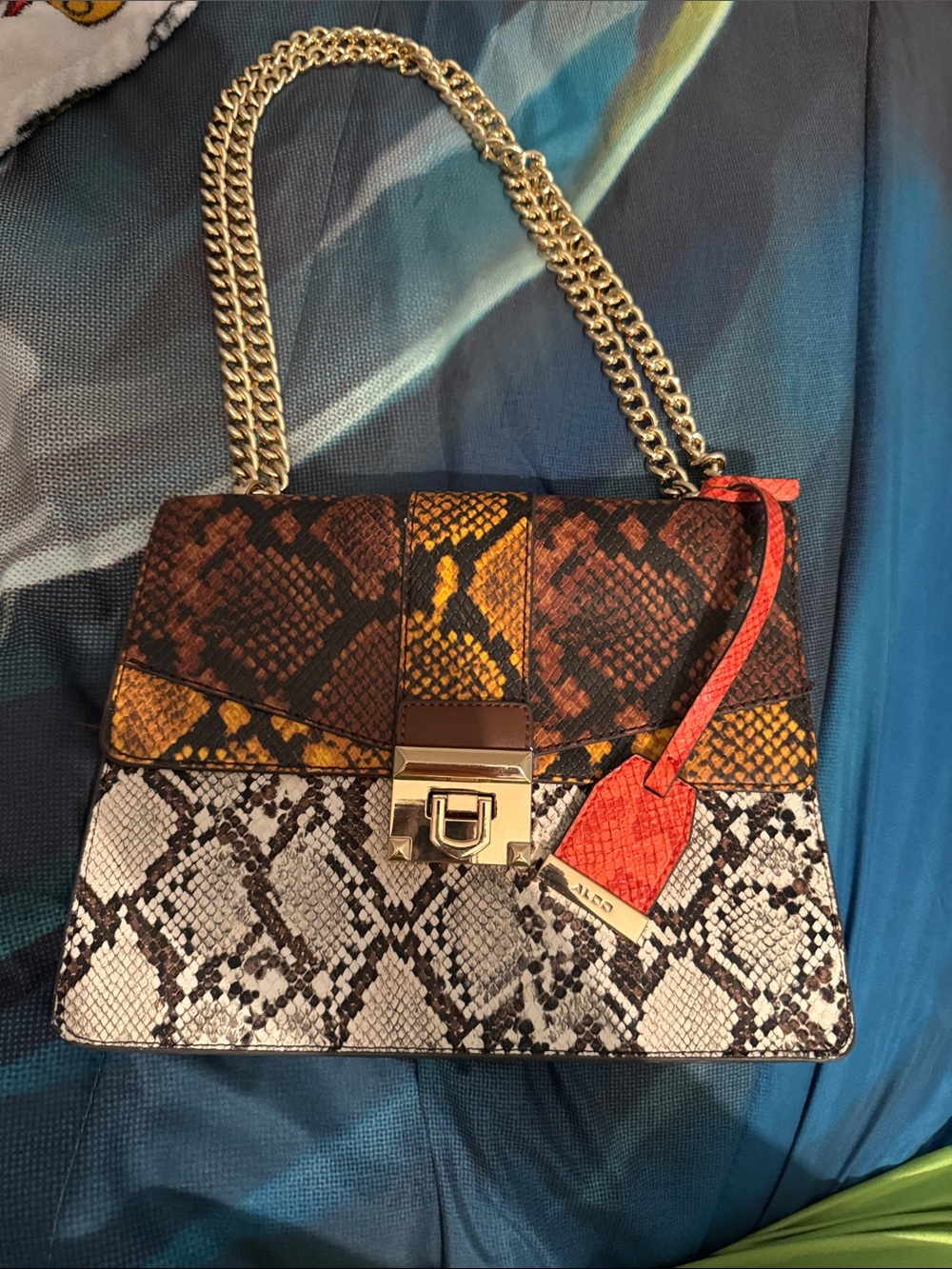 Aldo Snake-Print Chain Satchel in Brown, Yellow & Red